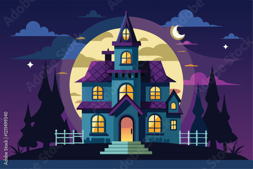 A haunted house stands illuminated under a full moon with dark trees surrounding the eerie setting Haunted house Customizable Flat Illustration