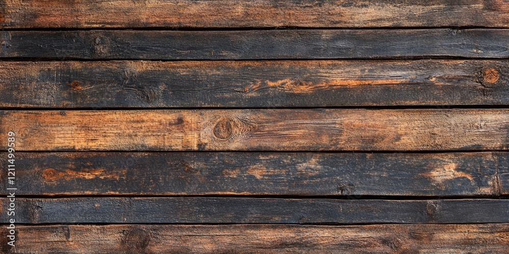 Fototapeta premium Dark brown weathered wooden plank texture with horizontal lines, rustic appearance, natural grain patterns, showcasing aged wood beauty.