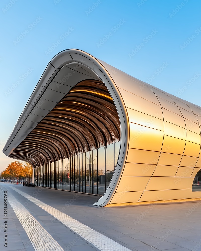 Obraz premium Modern Public Transportation Shelter with a Unique Curved Concrete Design Bathed in Warm Sunrise Light