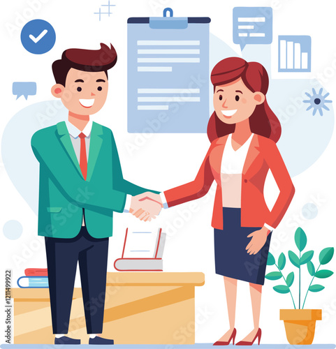 People shaking hands at work - Two businesspeople, man and woman doing handshake in office at work while smiling over business agreement and deal. Flat design stock illustration on white background
