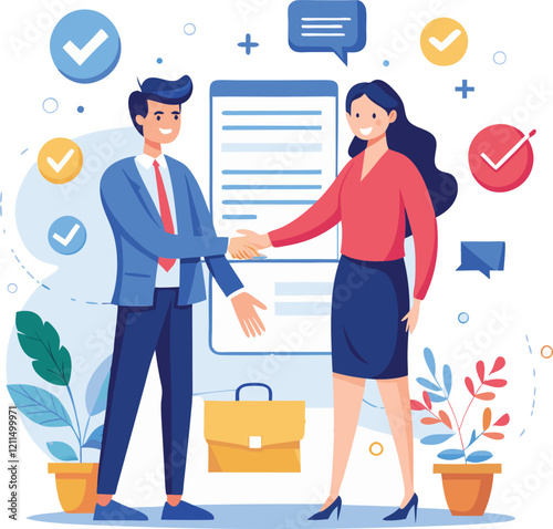 People shaking hands at work - Two businesspeople, man and woman doing handshake in office at work while smiling over business agreement and deal. Flat design stock illustration on white background
