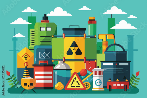 Colorful illustration showcasing various types of hazardous waste containers and materials in an industrial area Hazardous waste Customizable Flat Illustration