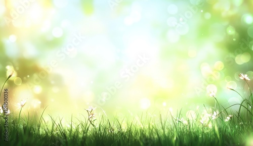 Sunny spring meadow bokeh background with blooming flowers and fresh green grass.