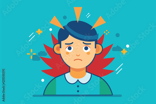 A worried individual shows signs of discomfort, with visual elements emphasizing a headache Headache Customizable Flat Illustration