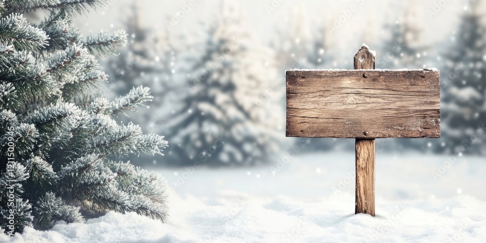 Naklejka premium Winter holidays banner with a blank wooden sign in the foreground surrounded by snow-covered trees and a soft snowy background ideal for customization