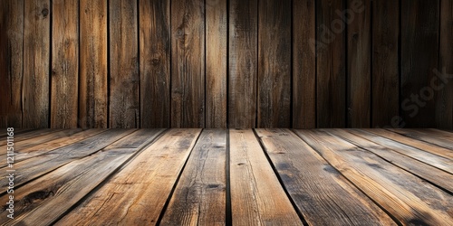 Rustic wooden planks with rich brown tones create a spacious background for product display or advertising  highlighting texture and warmth.