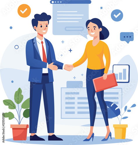 People shaking hands at work - Two businesspeople, man and woman doing handshake in office at work while smiling over business agreement and deal. Flat design stock illustration on white background