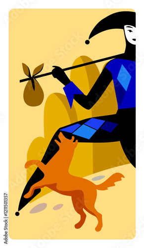 The Fool character with a red dog of Tarot playing card in modern cartoon minimalism flat style. Vector illustration in flat style