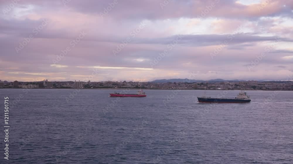 Two Ships Passing through Inland Sea of Japan at Sunset Two Ships Passing through Inland Sea of Japan at Sunset