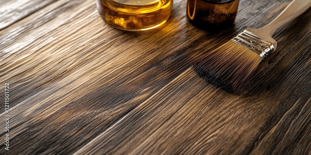 Fototapeta premium Brush applying linseed oil on dark wooden surface with glass bottles in warm amber tones showcasing natural wood texture and ample copy space
