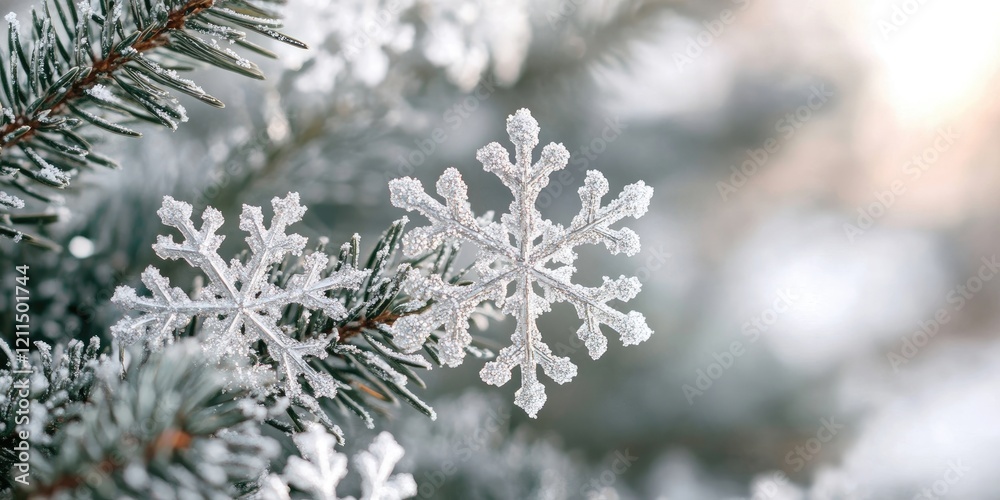 Frosted snowflakes delicately perched on green fir branches with a soft blurred winter background creating a serene Christmas atmosphere Frosted snowflakes delicately perched on green fir branches with a soft blurred winter background creating a serene Christmas atmosphere