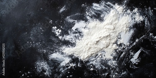Aerial view of white flour splattered on a dark textured surface with a focus on the central pile indicating a baking preparation scene