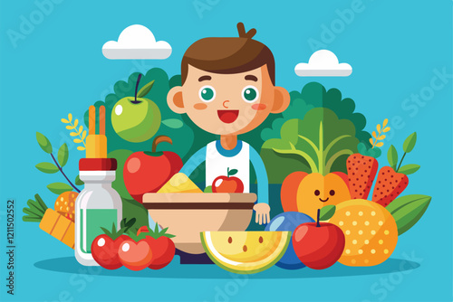 A child happily prepares healthy food surrounded by fresh fruits and vegetables in a bright outdoor area Healthy food Customizable Cartoon Illustration