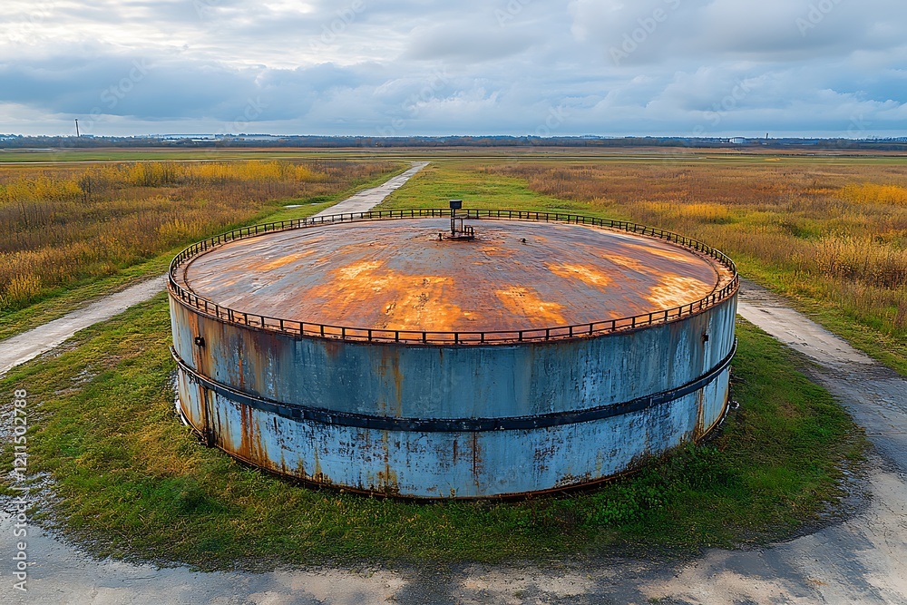 A large rusty metal tank stands alone in a vast field with a pathway leading to it, under an overcast sky, capturing the essence of industrial landscapes. A large rusty metal tank stands alone in a vast field with a pathway leading to it, under an overcast sky, capturing the essence of industrial landscapes.