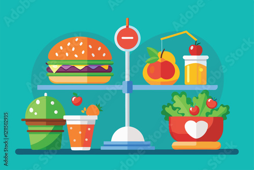 A colorful balance scale displays healthy and fast food options, illustrating the nutritional differences Healthy food vs fast food Customizable Semi Flat Illustration