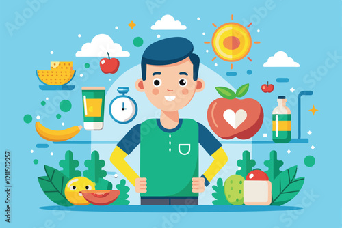 A cheerful character showcases healthy habits surrounded by nutritious foods and wellness items Healthy habit Customizable Cartoon Illustration