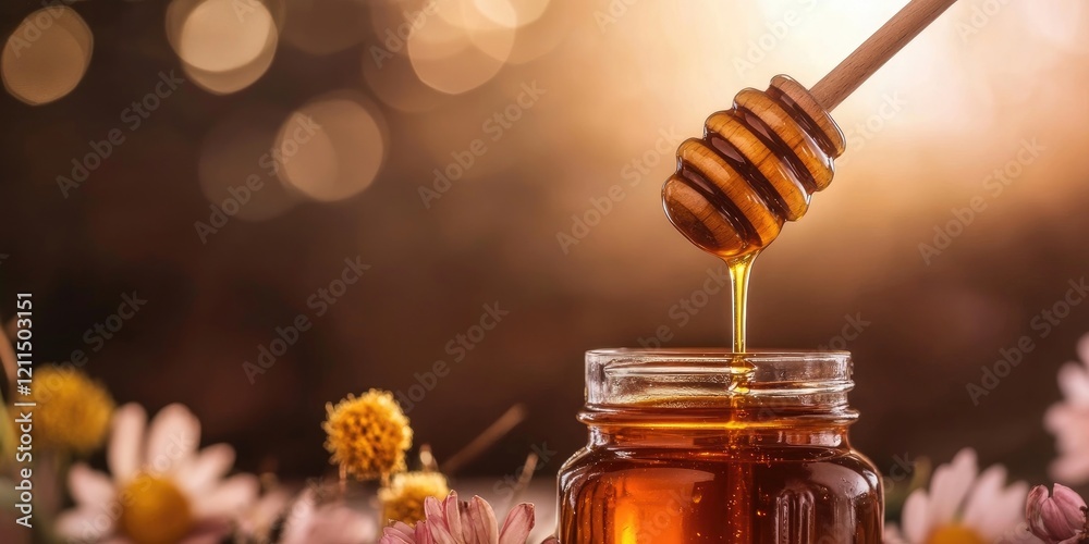 Wooden honey dipper hovering above a glass jar of honey with golden tones and blurred floral background creating soft bokeh effect. Wooden honey dipper hovering above a glass jar of honey with golden tones and blurred floral background creating soft bokeh effect.
