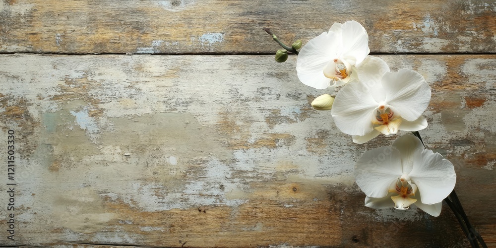 Elegant white orchid cluster on the left side against a weathered rustic wooden background featuring light browns and grays for a serene ambiance. Elegant white orchid cluster on the left side against a weathered rustic wooden background featuring light browns and grays for a serene ambiance.