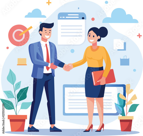 People shaking hands at work - Two businesspeople, man and woman doing handshake in office at work while smiling over business agreement and deal. Flat design stock illustration on white background