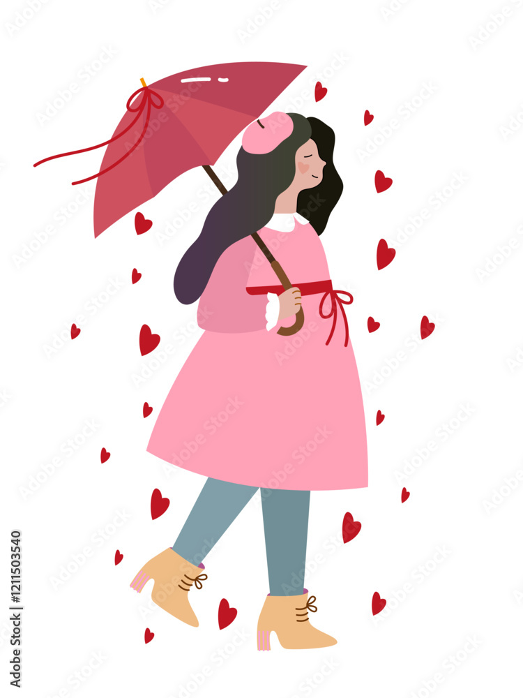 Fototapeta premium Cute girl fall in love. Valentine's Day greeting design, card or banner. Red heart rain.