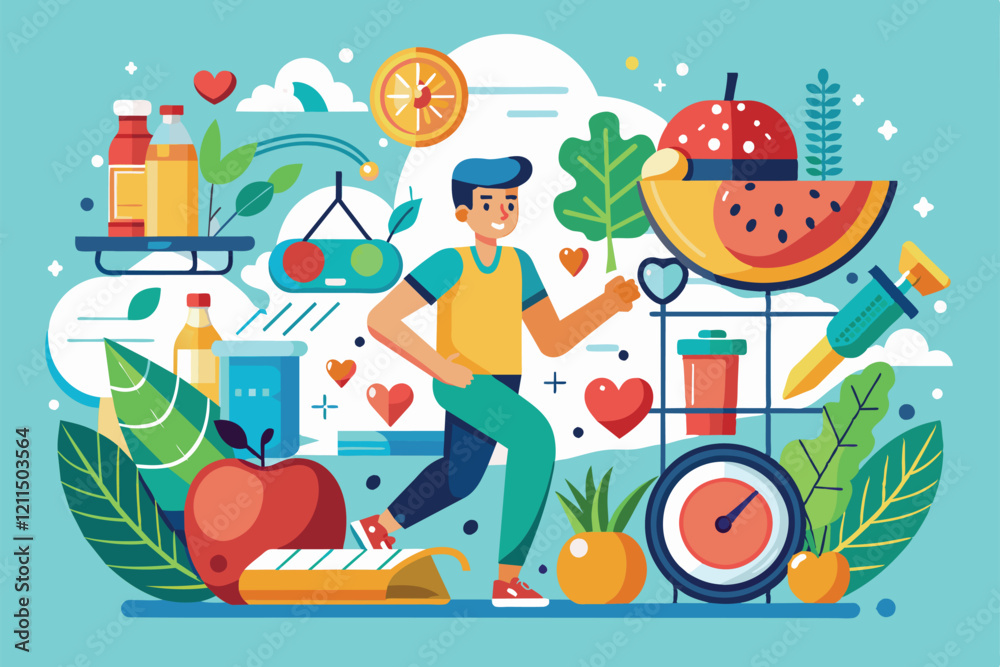 Fototapeta premium A healthy lifestyle is celebrated with a man jogging surrounded by vibrant fruits and fitness elements Healthy lifestyle Customizable Semi Flat Illustration