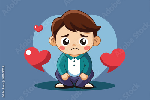A sad cartoon character expresses heartache while surrounded by floating broken hearts Heartbroken Customizable Cartoon Illustration