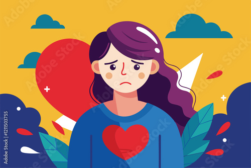 A girl with a sad expression stands among clouds and leaves, conveying heartbreak through her illustration Heartbroken Customizable Disproportionate Illustration