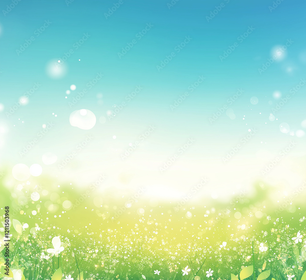 A cheerful spring background featuring light green grass, a clear blue sky, and a bright sunny glow with soft bokeh effects. The warm sunlight enhances the vibrant landscape A cheerful spring background featuring light green grass, a clear blue sky, and a bright sunny glow with soft bokeh effects. The warm sunlight enhances the vibrant landscape