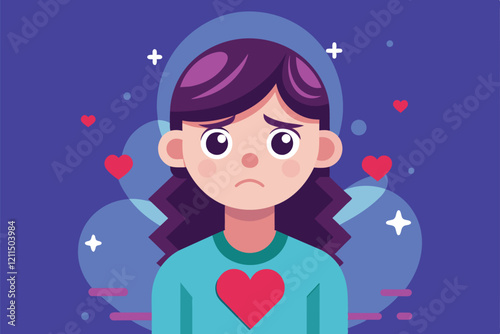 A girl looks heartbroken, wearing a shirt with a heart graphic, surrounded by floating hearts and stars Heartbroken Customizable Flat Illustration