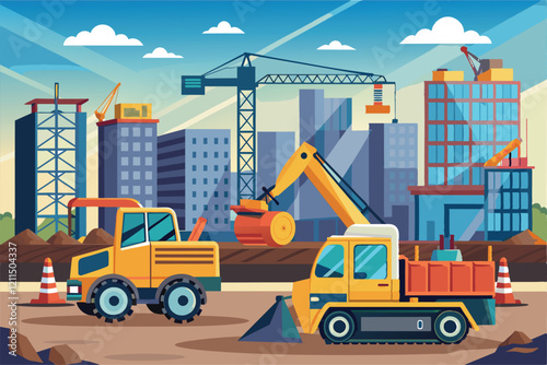 Heavy machinery is stationed at a construction site with cranes and buildings in progress Heavy equipment is parked at a building construction project