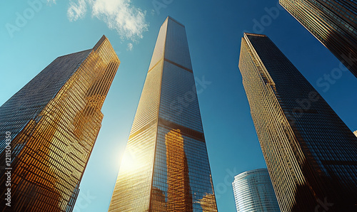 The fa ç ade of modern skyscrapers and glass curtain wall buildings in the city photo