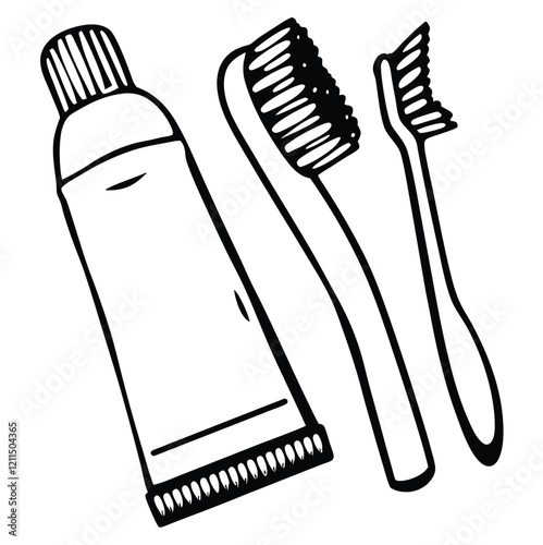 Toothpaste and a brush are dental products for individual oral hygiene at home in the bathroom. Tube of toothpaste. Vector icon isolated flat doodle realistic drawing with black outline illustration