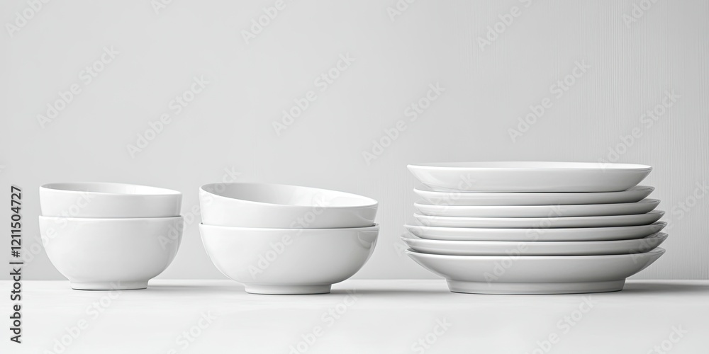 Stacked white dishware including bowls and plates arranged neatly against a clean light gray backdrop creating a minimalist aesthetic