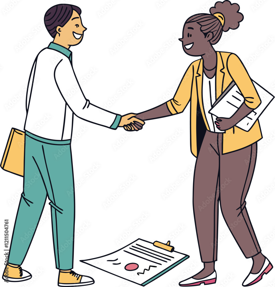 People shaking hands at work - Two businesspeople, man and woman doing handshake in office at work while smiling over business agreement and deal. Flat design stock illustration on white background People shaking hands at work - Two businesspeople, man and woman doing handshake in office at work while smiling over business agreement and deal. Flat design stock illustration on white background