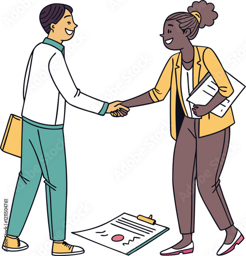 People shaking hands at work - Two businesspeople, man and woman doing handshake in office at work while smiling over business agreement and deal. Flat design stock illustration on white background