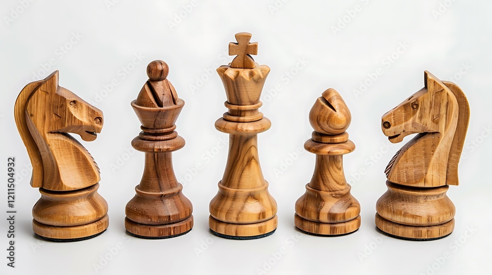 A set of hand-carved wooden chess pieces, isolated on a neutral white surface. A set of hand-carved wooden chess pieces, isolated on a neutral white surface.
