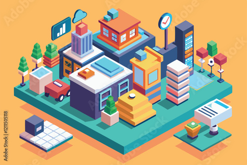 A lively urban environment filled with diverse buildings, trees, and modern technology elements Hello Customizable Isometric Illustration