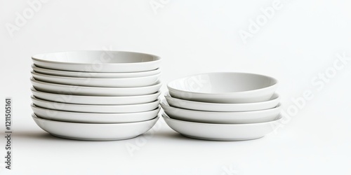 Stacked white dishware arranged symmetrically on a white background showcasing varying bowl sizes for minimalist kitchen aesthetics.