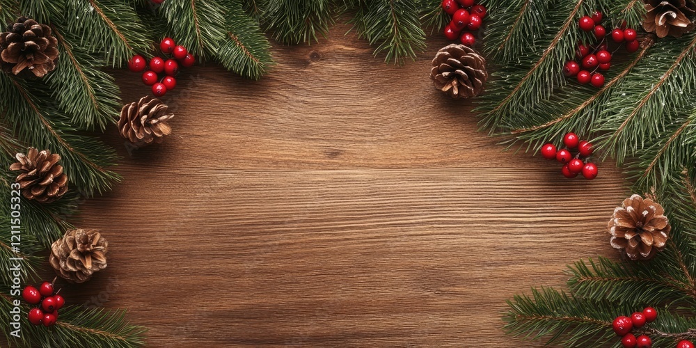 Wooden tabletop adorned with Christmas fir branches and red berries in top frame corners featuring ample empty space for festive text insertion Wooden tabletop adorned with Christmas fir branches and red berries in top frame corners featuring ample empty space for festive text insertion