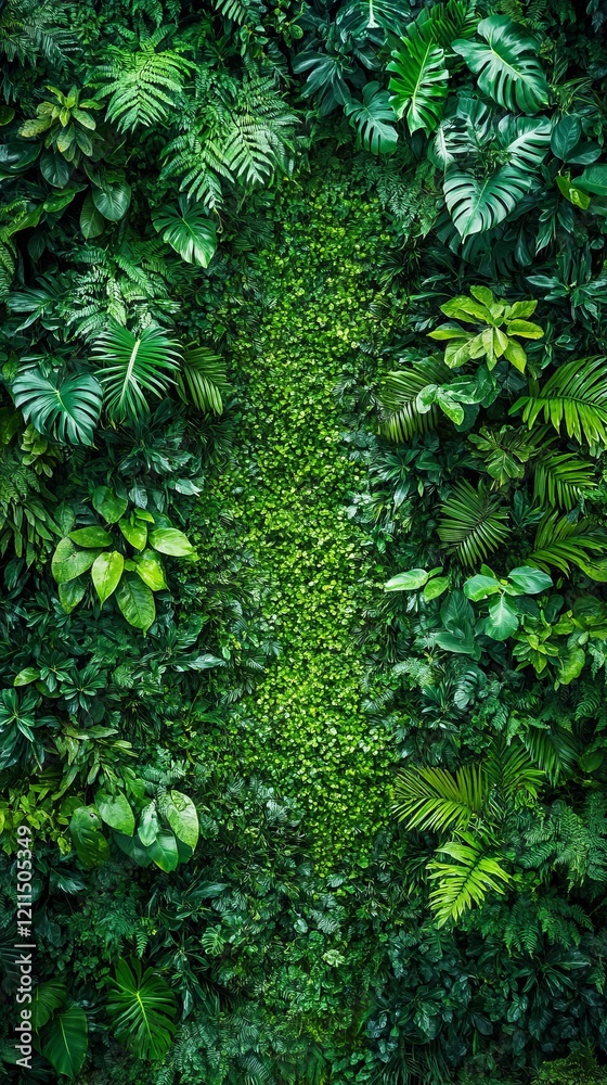 A lush, vibrant green wall filled with a diverse array of tropical plant life. This image embodies organic beauty and serenity. Perfect for nature lovers. Generative AI A lush, vibrant green wall filled with a diverse array of tropical plant life. This image embodies organic beauty and serenity. Perfect for nature lovers. Generative AI