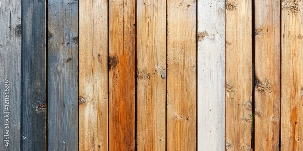 Naklejka premium Wooden fence panels with varying colors of wood preservative fresh paint in lighter areas showcasing a drying process against a neutral background