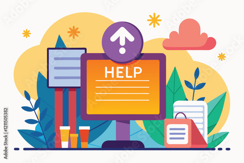 A colorful help desk display with customizable signs and a computer, set in a lively office space Helpful sign Customizable Flat Illustration