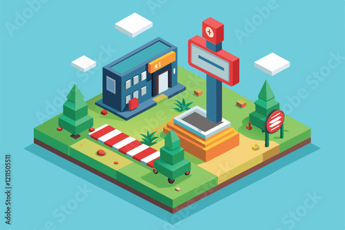 A colorful isometric illustration showcasing a helpful sign with trees and pathways in an outdoor environment Helpful sign Customizable Isometric Illustration