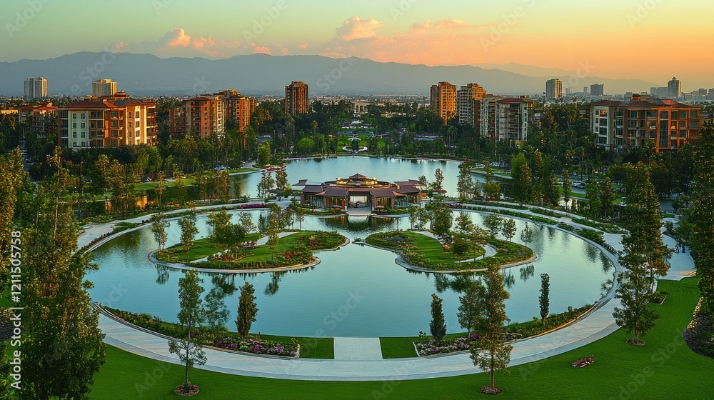 Fototapeta premium Serene Sunset Vista: Lakeside Community Panorama