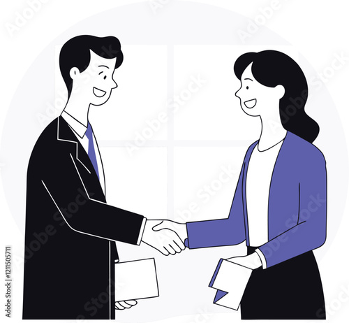 People shaking hands at work - Two businesspeople, man and woman doing handshake in office at work while smiling over business agreement and deal. Flat design stock illustration on white background