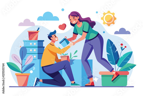 A person hands a plant gift to their partner in a vibrant garden setting filled with greenery Helping a partner Customizable Flat Illustration