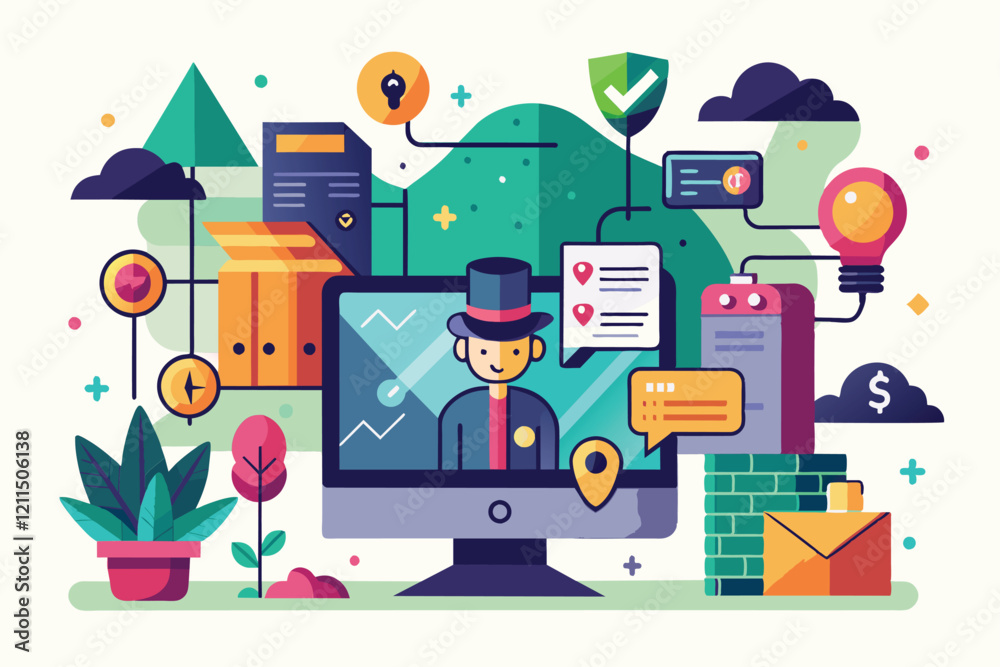 A digital entrepreneur interacts with tech elements in a colorful and lively office setting Hidden Customizable Disproportionate Illustration A digital entrepreneur interacts with tech elements in a colorful and lively office setting Hidden Customizable Disproportionate Illustration