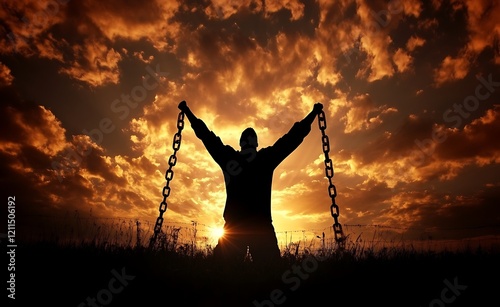 Silhouette of a man breaking chains with arms raised against a dramatic cloud sky at sunset, symbolizing freedom and emotional expression.