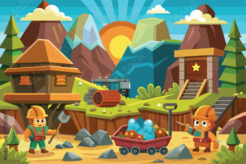 Two miners excavate gems while surrounded by mountains and a colorful sunset in a playful cartoon world Hidden mining Customizable Cartoon Illustration