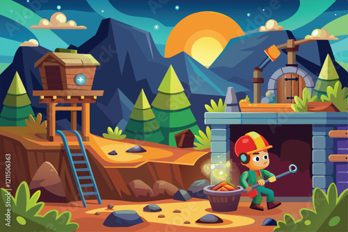 A miner is working outside a mine entrance, collecting resources as the sun sets behind the mountains Hidden mining Customizable Cartoon Illustration